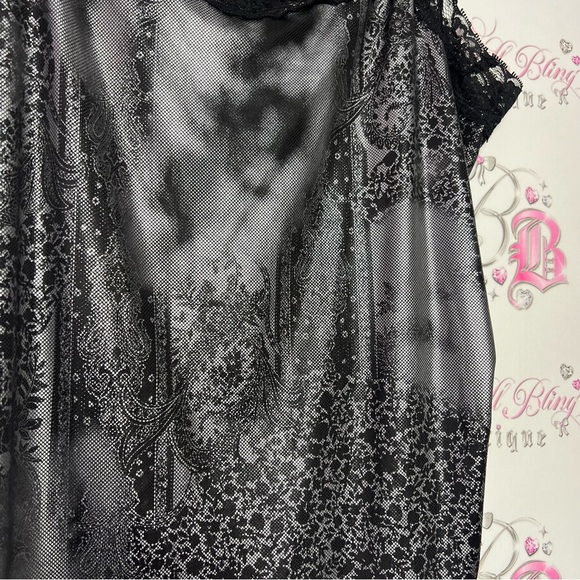 Lace metallic tank top holographic Lacey pattern grey black lace trim straps y2k - Picture 5 of 9